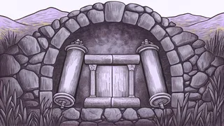 Aged parchment scrolls piled beside an ancient stone shrine