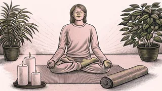 A person sits in meditation beside a yoga mat and candles in a peaceful room.
