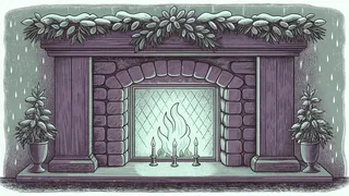 Warm fireplace glow spills across a snug room while snow accumulates outside the window.