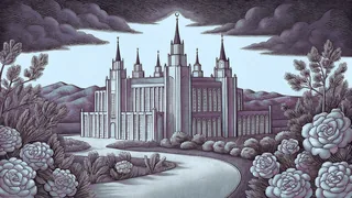 A grand temple and blooming rose garden overlook a canyon with a winding river
