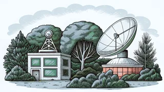Weather forecasting equipment including satellite dish, instruments, radar, station.