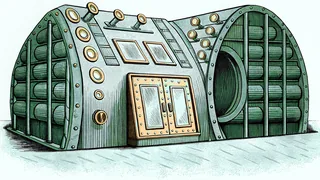 A rocky alien tunnel lit by crystals, with pipes and a sealed metal hatch.