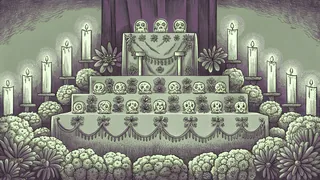 Marigolds and decorated skulls honor the deceased during Día de Muertos celebration.
