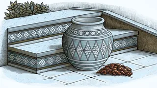 A hand-painted clay pot beside a stack of dried chilies on a patterned tiled step.
