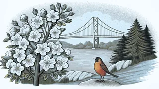 A robin sings among apple blossoms near white pine forests.
