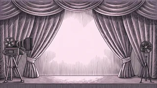 A vintage film projector sits near theatrical curtains and professional studio cameras.