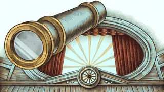 A lens and eyepiece are angled above a plain specimen slide resting on a microscope's glowing stage.