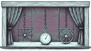 A swinging pendulum, a stopwatch, and a wheel on an axle are arranged on a science table.