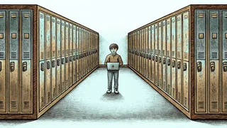 A school hallway lined with student lockers and a laptop on a desk.