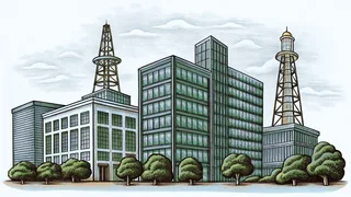 An oil-rich Texas landscape with industrial derricks and downtown skyline.