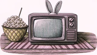 A television set with rabbit-ear antennae sits beside a bowl of popcorn on a living room rug.