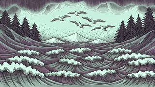 Migratory birds including Canada geese and an albatross traverse snowy landscapes.