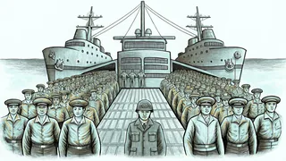 Soldiers in uniform with military vehicles and naval vessels in background.