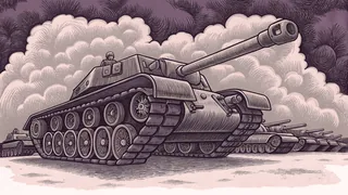 A military tank stands on rugged terrain with artillery and transport vehicles in support.