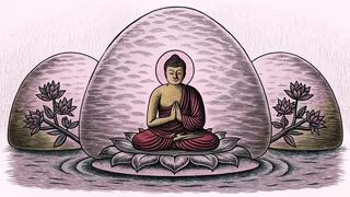 A meditative scene with a calm figure surrounded by quiet nature.