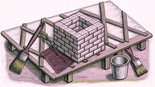 Block-based building elements with art supplies arranged on a construction-themed workspace.