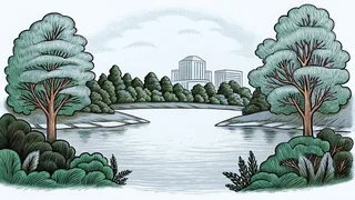 A serene lake mirroring city lights with a theater stage in the distance.