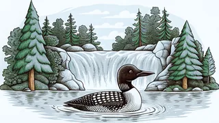 A loon floats on a Minnesota lake beneath red pines and distant waterfalls.