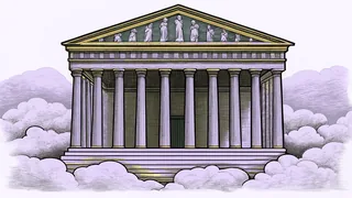 Ancient Greek divine figures in flowing robes depicted among celestial clouds and light.