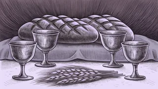 Bread, fish, and wine displayed to represent biblical miracles and acts of healing.