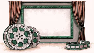 A film reel and velvet curtain frame a vintage ticket booth window.