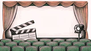 A clapper board and spotlight illuminate a cinema seat row on a stage.