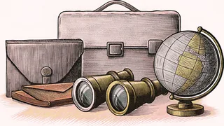 A spy's briefcase and binoculars rest on a desk with a globe and sealed envelope.