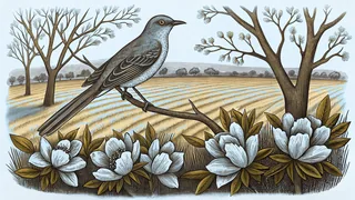 A mockingbird sings from a magnolia tree above cotton and muddy Mississippi waters.