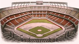 A vast baseball stadium features tall grandstands above a lush green playing field with a large scoreboard.