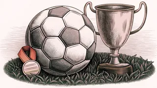 A soccer ball sits beneath a gleaming championship trophy with a medal nearby.