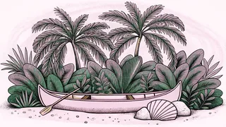 A double outrigger canoe model rests beside sea stones and iridescent shells on natural driftwood.