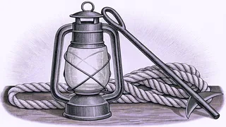 A whaling harpoon lies across a thick rope beside an old oil lantern.
