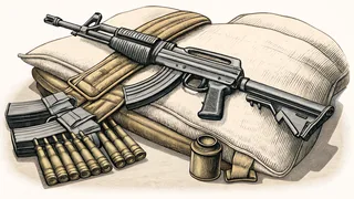 Modern weapons including rifles, grenades, and ammunition rest on tactical gear.