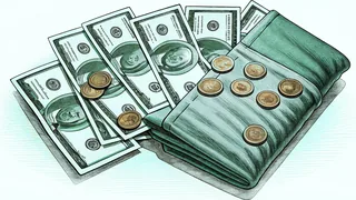 Assorted American coins and dollar bills arranged together.