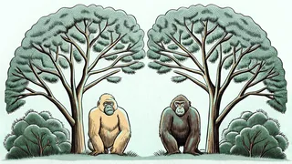 A gorilla and baboon perched on branches beneath a leafy forest canopy.