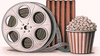 A film reel and classic red-and-white popcorn container sit on a cinema lobby counter under warm vintage lights.