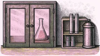 A glowing laboratory flask sits beside a miniature door model and metal canister on a dark lab shelf.
