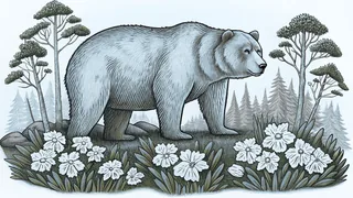 A grizzly bear stands among mountain wildflowers with peaks in the distance.