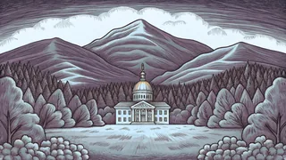 Green Mountains rise above Vermont's State House and riverside pavilion.