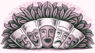 Face masks in a circle representing a spectrum of emotions.