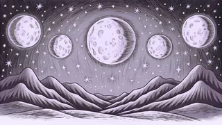 Night sky with twinkling stars and moon phases above mountains.
