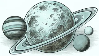 Earth's moon and distant planetary moons orbit in the vast emptiness of cosmic space.