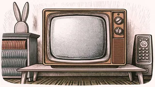A classic boxy television with rabbit-ear antennae sits on a wooden side table next to a retro remote control.
