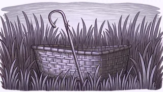 A woven reed basket and a curved wooden staff resting among tall rushes.