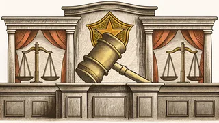 A police badge and gavel on a desk symbolizing criminal justice.