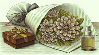 A wrapped bouquet of flowers sits beside chocolates and a bottle of perfume.