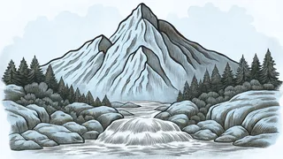 Above a river gorge, a mountain peak rises with white-water rapids