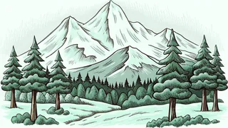 Alpine landscape with snow-covered peaks, glaciers, and evergreen forests below.