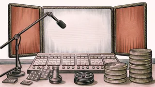 Professional audio and film equipment positioned on a studio control-room workspace console.