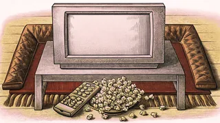 Vintage television equipment and snacks arranged casually on a home entertainment area rug.